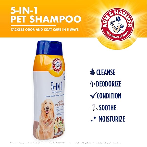 ARM & HAMMER FOR PETS 5-IN-1 DOG SHAMPOO WITH CONDITIONER, DEODORIZING OATMEAL DOG SHAMPOO WITH ALOE, SHEA BUTTER, BAKING SODA AND COAT CARE, VANILLA SANDALWOOD SCENT, 20 FL OZ