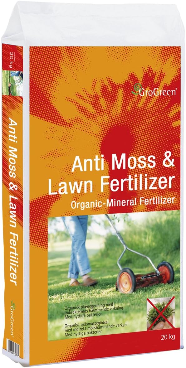 GroGreen Anti Moss and Lawn Fertiliser Slow Release Lawn Fertiliser with Indirect Anti Moss Effect 6-3-20 20kg Use less Moss Control, Moss Killer and Lawn Feed and Weed Moss Killer