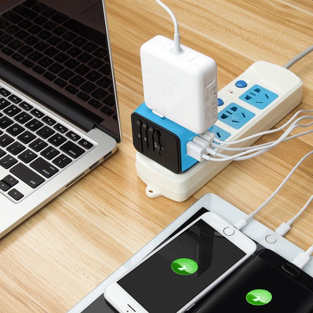 SAUNORCH Universal International Travel Power Adapter W/Smart High Speed 2.4A 4xUSB Wall Charger, European Adapter, Worldwide AC Outlet Plugs Adapters for Europe, UK, US, AU, Asia-Blue: Electronics