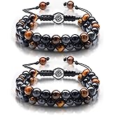 Hicarer 2 Pieces Lava Rock Bead Bracelets Hematite Black Obsidian Tiger Eye Stone Bracelet Healing Crystal Gemstone Bead Adjustable Anxiety Bracelet
