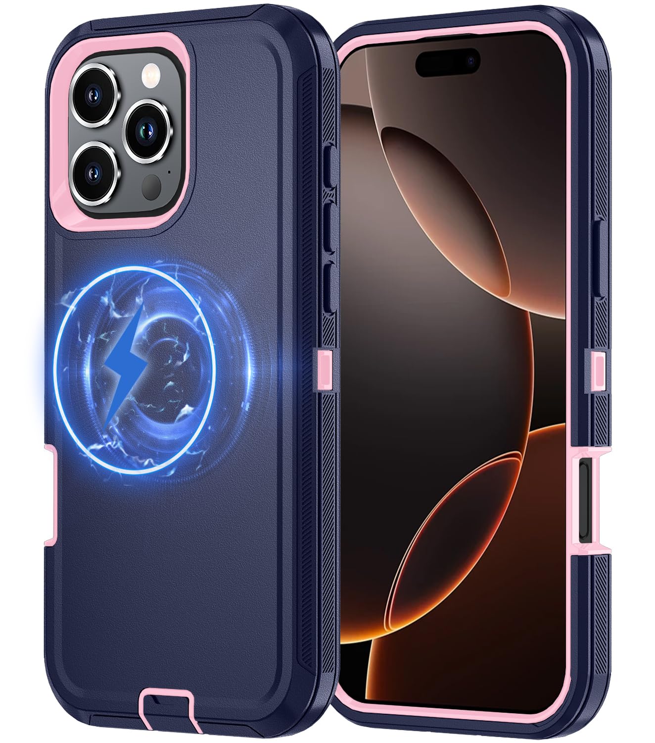 Olinoo for iPhone 16 Pro Case [Compatible with MagSafe], Heavy Duty Shockproof 3-Layer Full-Body Protection Rugged Cover, Drop-Resistant and Wireless Charging Friendly (Blue/Pink, iPhone 16 Pro)