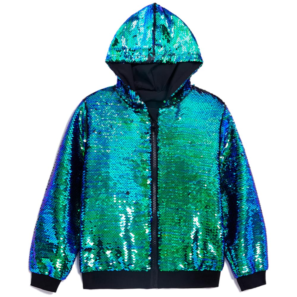 Photo 1 of Cilucu Kids Jackets Girls Boys Flip Sequin Zipper Coat Jacket for Teen Girls Birthday Halloween Christmas Outerwear Clothes Sparkle Hoodie Green/Black 11-12years