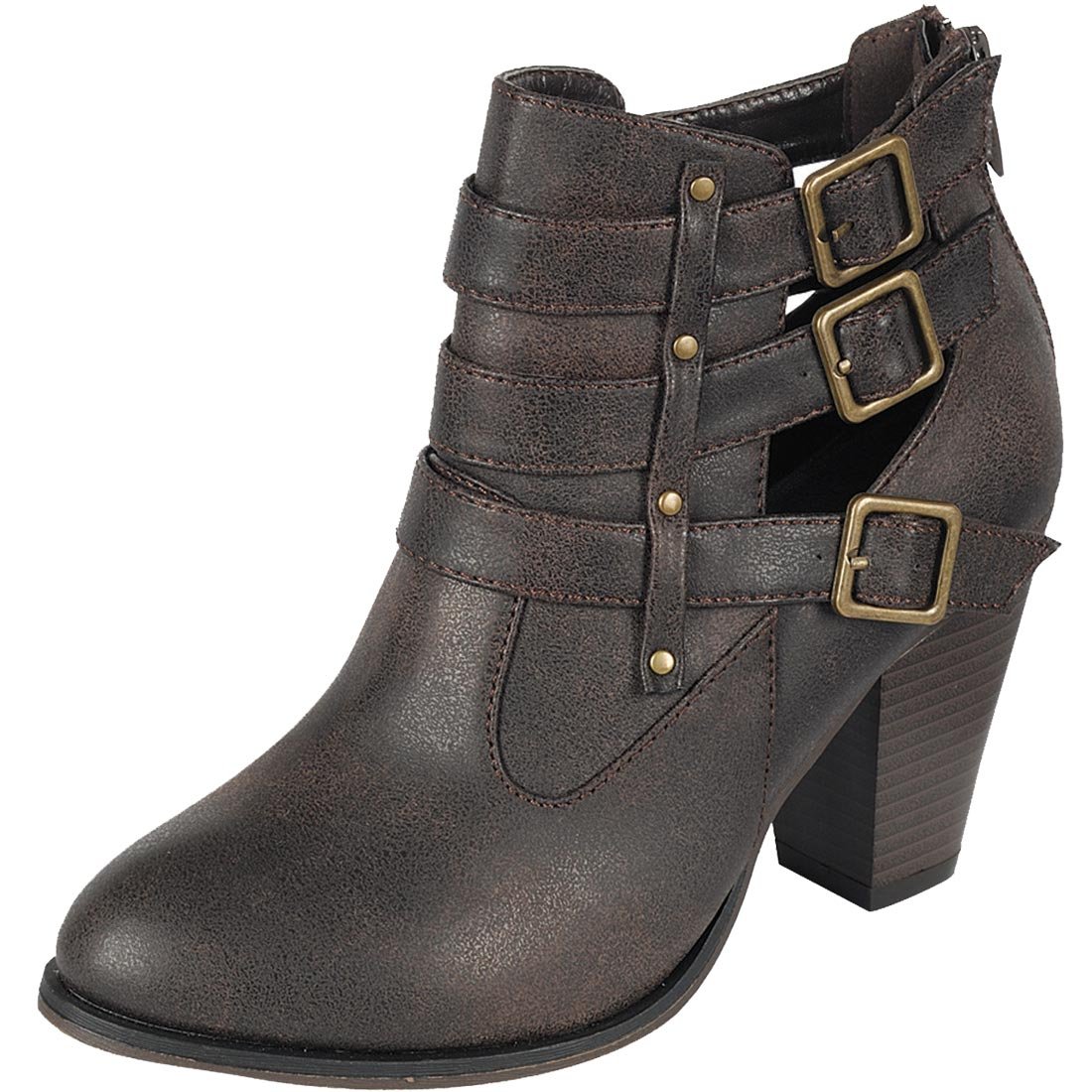 Forever Link Women's Buckle Stacked Chunky Heel Almond Toe Bootie (8.5 B(M) US, Brown)