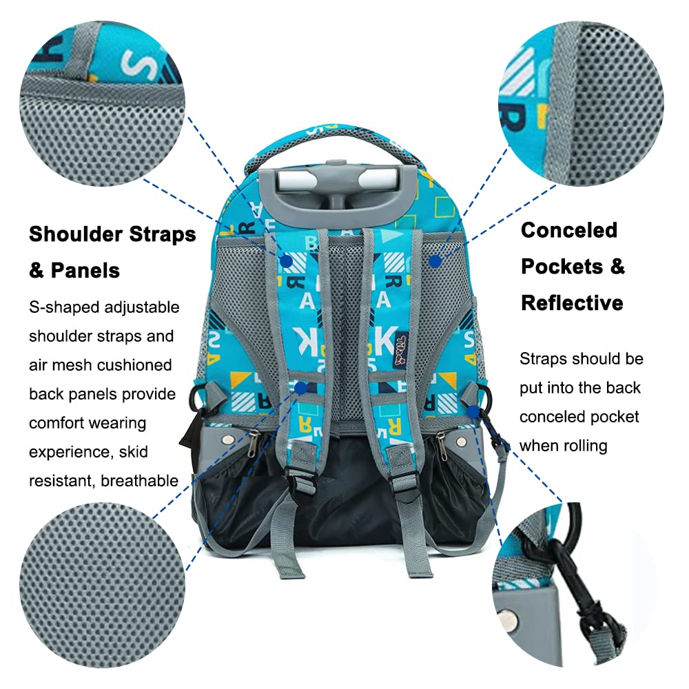 Rolling Backpack 16 Inch School College Travel Carry-on Backpack Boys Girls (Dinosaur Blue)