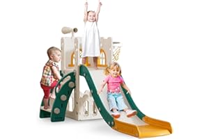 LulliSpace 6 in 1 Toddler Slide,Kids Playset for Toddlers Indoor Outdoor, Baby Slide with Basketball Hoop, Telescope & Storage Space,Non-Slip Steps for Great Gift