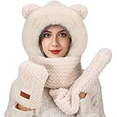 Winter Warm Hooded Scarf for Women- 3-in-1 Thick Fluffy Hat Scarf Gloves Set, Winter Cozy Gifts, Beige