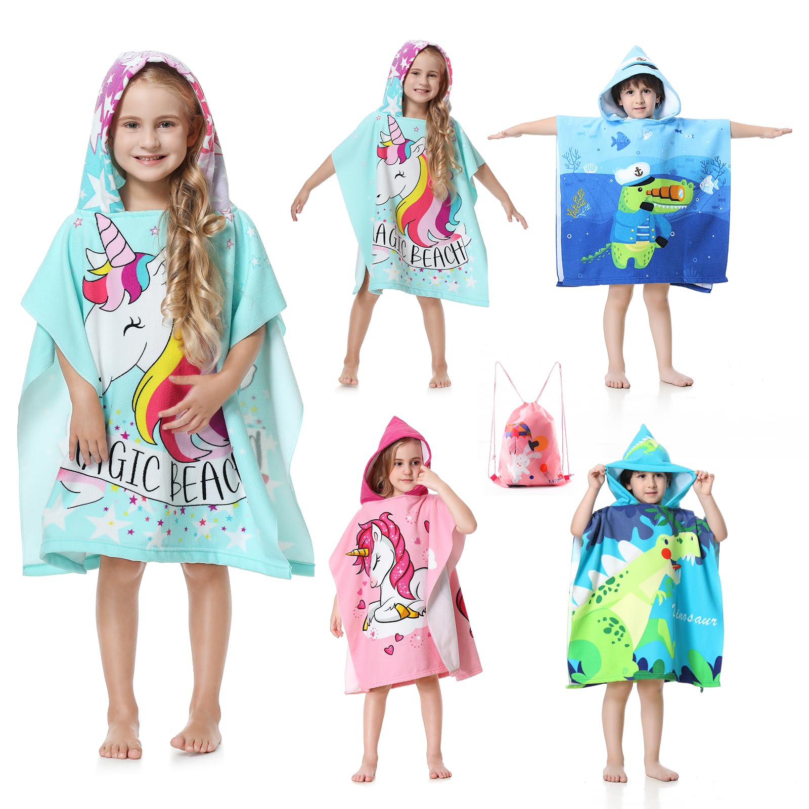 MOKANI Hooded Poncho Towels for Kids, Microfibre Ultra Soft Baby Beach Swimming Towels, Quick Dry Warm Wrap Changing Robe with Drawstring Bag for Boys Girls (Children's Height: 85-110 cm)