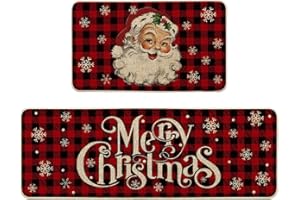 Artoid Mode Buffalo Plaid Snow Santa Claus Christmas Kitchen Rugs Set of 2, Winter Low-Profile Floor Mat Merry Christmas Decorations for Home Kitchen - 17x29 and 17x47 Inch