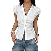 SweatyRocks Women's Cap Sleeve Button Down Shirt Collared V Neck Casual Summer Blouse Tops