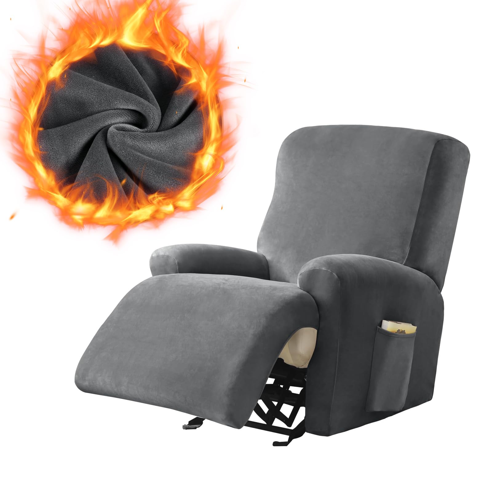 Leorate Velvet Recliner Chair Cover with Side Pocket - Stretch Recliner Slipcover for Electric Chair Soft Thick Fabric Armchair Cover for Winter Armchair Slipcovers for Living Room (Velvet - Darkgrey)