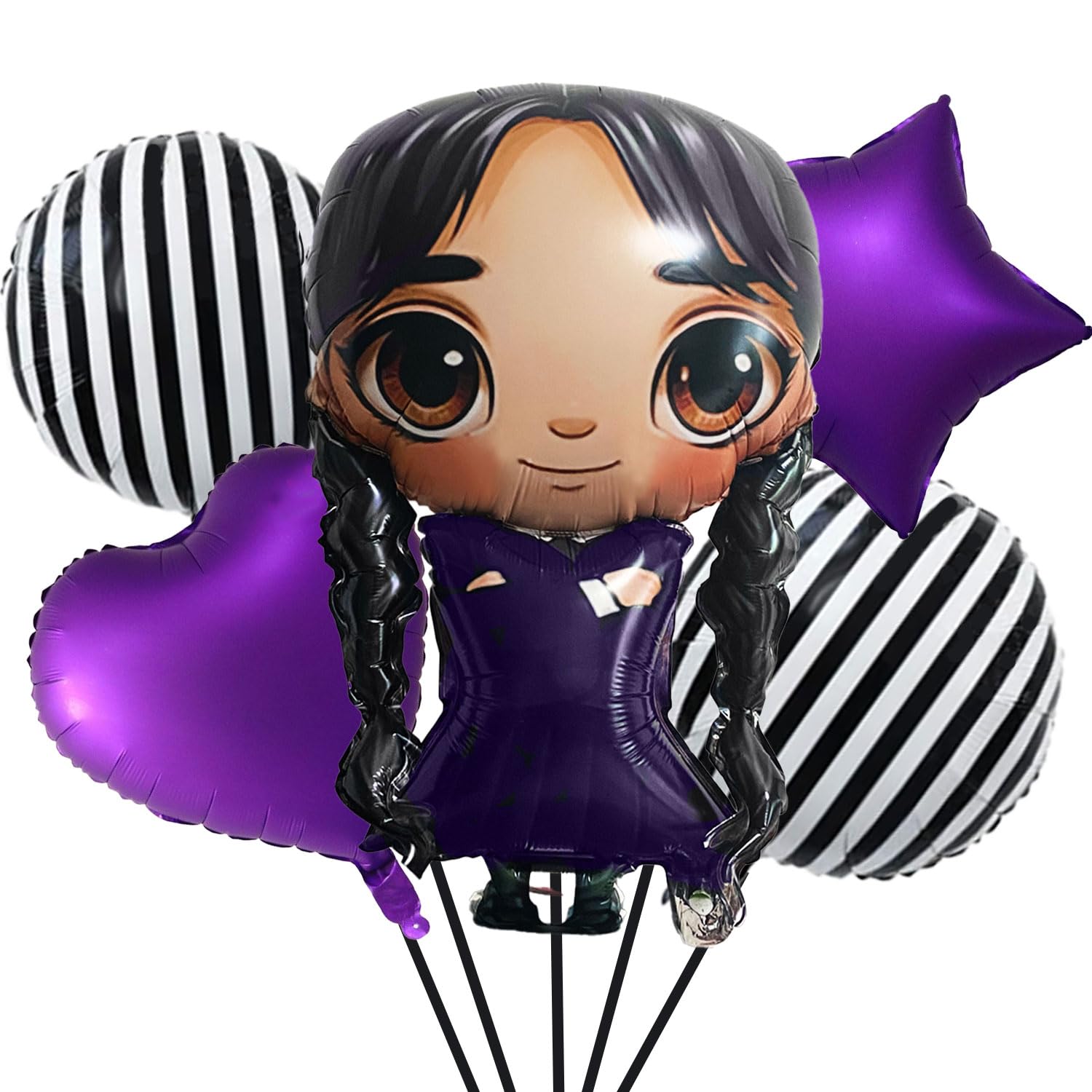 Photo 1 of 31" Gothic Cartoon Girl & Mixed Gothic Balloon Set: 5pcs Foil Balloons Black Striped, Star, and Heart Purple Balloons for Mysterious Character theme Party, Birthday, Halloween, and Costume Parties