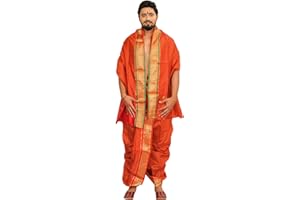 EXOTIC INDIA Ready to Wear Dhoti and Veshti Set with Woven Golden Border - Art Silk