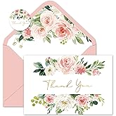 Whaline 24 Pack Floral Thank You Cards Bulk Watercolor Pink Flower Foil Gold Thank You Note Cards with Envelope Sticker for Thanksgiving Wedding Bridal Shower Birthday