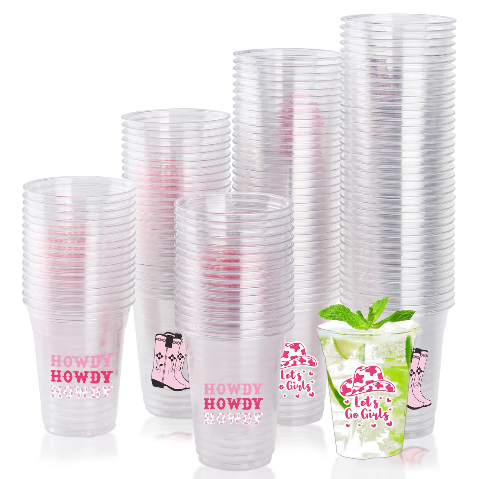 Photo 1 of 150 Pack Cowgirl Pink Disposable Clear 12 oz Western Drinking Cups - Bulk for Cowgirl Bachelorette Last Rodeo Birthday Party Drinkware Decorations