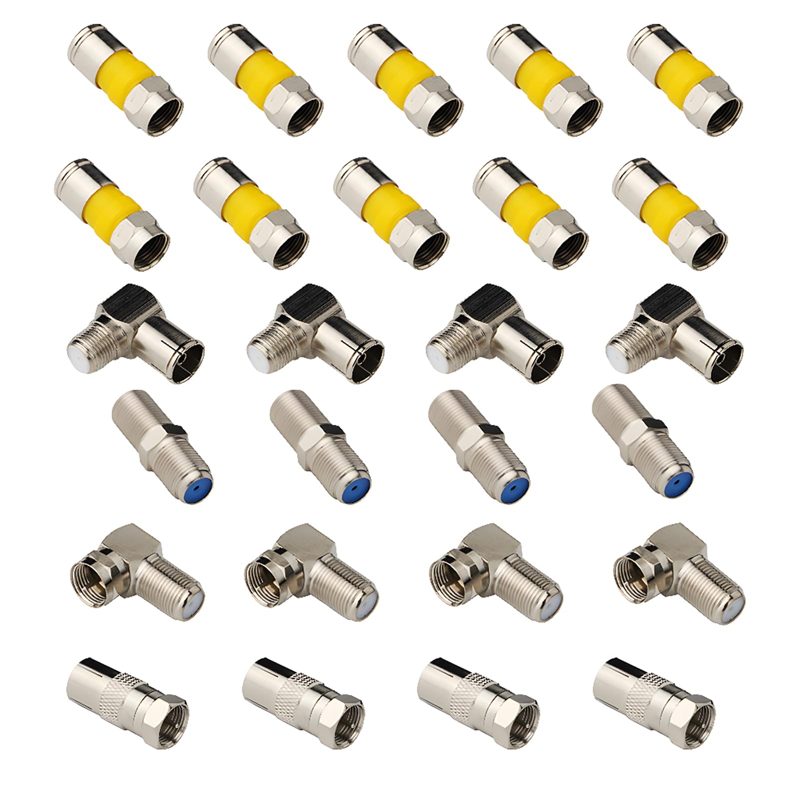 CESFONJER RG6 F-connector Kit, Coaxial cable adapter, f type coupler, F connector angle, Compression F-Type Plugs (Pack of 26