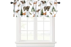 JanJCurt Woodland Animal Valance, Rustic Farmhouse Watercolor Forest Wildlife Deer Bear Fox Plants Trees Blackout Short Window Curtain Drape for Kids Bedroom Living Room, 54x18inch