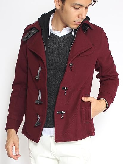 Amazon ボルドー L コート メンズ 2way ショート ダッフル パーカー フード アウター ジャケットintheattic レイヤード ジップエレメント トグルボタン カルゼ 素材 裏地 防寒 カラー キャメル 茶色 ボルドー 赤 ブルー 青 コート ジャケット 通販