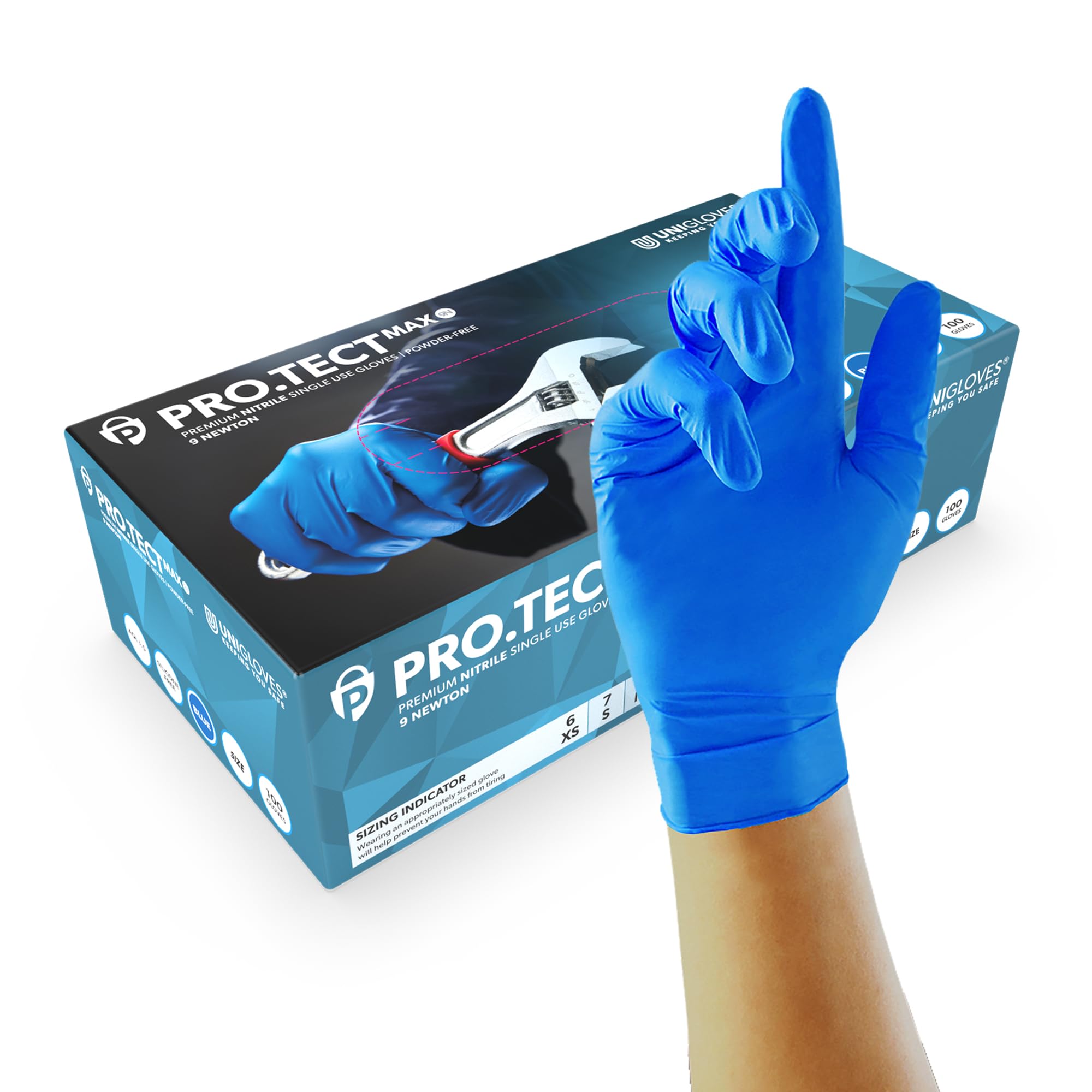 UNIGLOVES PRO.TECT Max 9N, Blue Nitrile Gloves, Box of 100, Size L