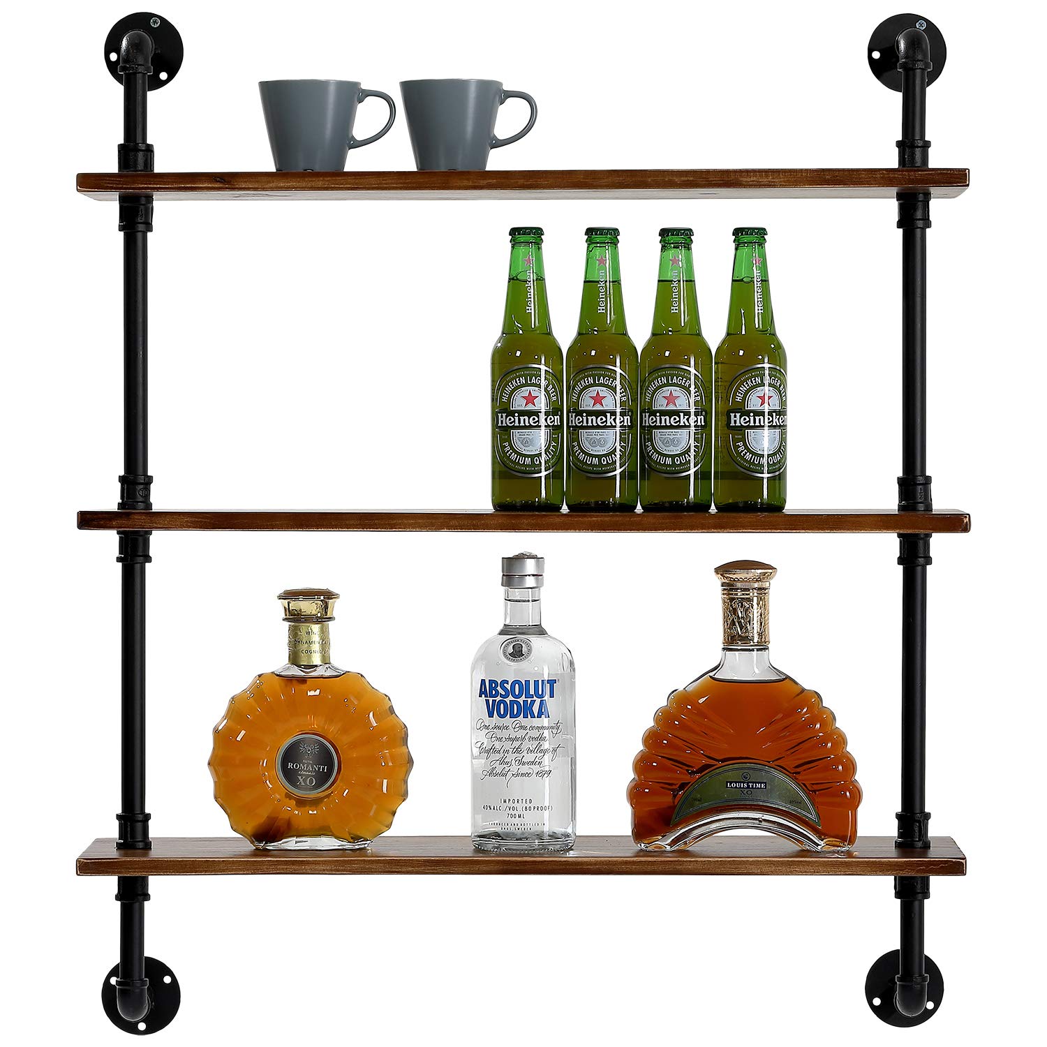 MOCOME Industrial Pipe Shelf with Light Solid Pine Wood, Rustic Wall Mounted Floating Shelves for Bathroom, 3 Tier DIY Metal Bracket Wall Shelving Bookshelf(Both Sides Brown)