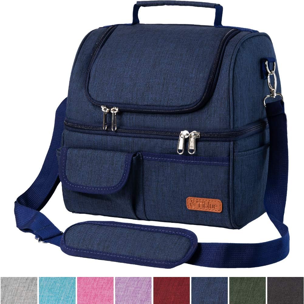 Insulated Lunch Bag Dual Compartment, Leakproof 22 Can X Large Lunch Box for Men Women Adult, Roomy Reusable Thermal Cooler Bag with Detachable Strap for School Office Outdoor Activities, Wide Open