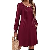 Zeagoo Fall Dresses for Women Long Sleeve Casual Pleated V Neck Dress 2025 A Line Tunic Dress
