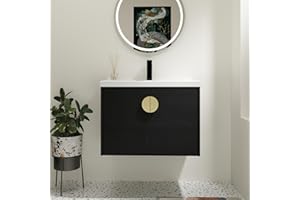 SSLine Modern 28" Floating Bathroom Vanity with Sink Wall Mounted Bathroom Vanity with Top Basin & Storage Cabinet Luxury Black Wood Hanging Vanity w/Ceramic Sink & Gold Handles for Small Space