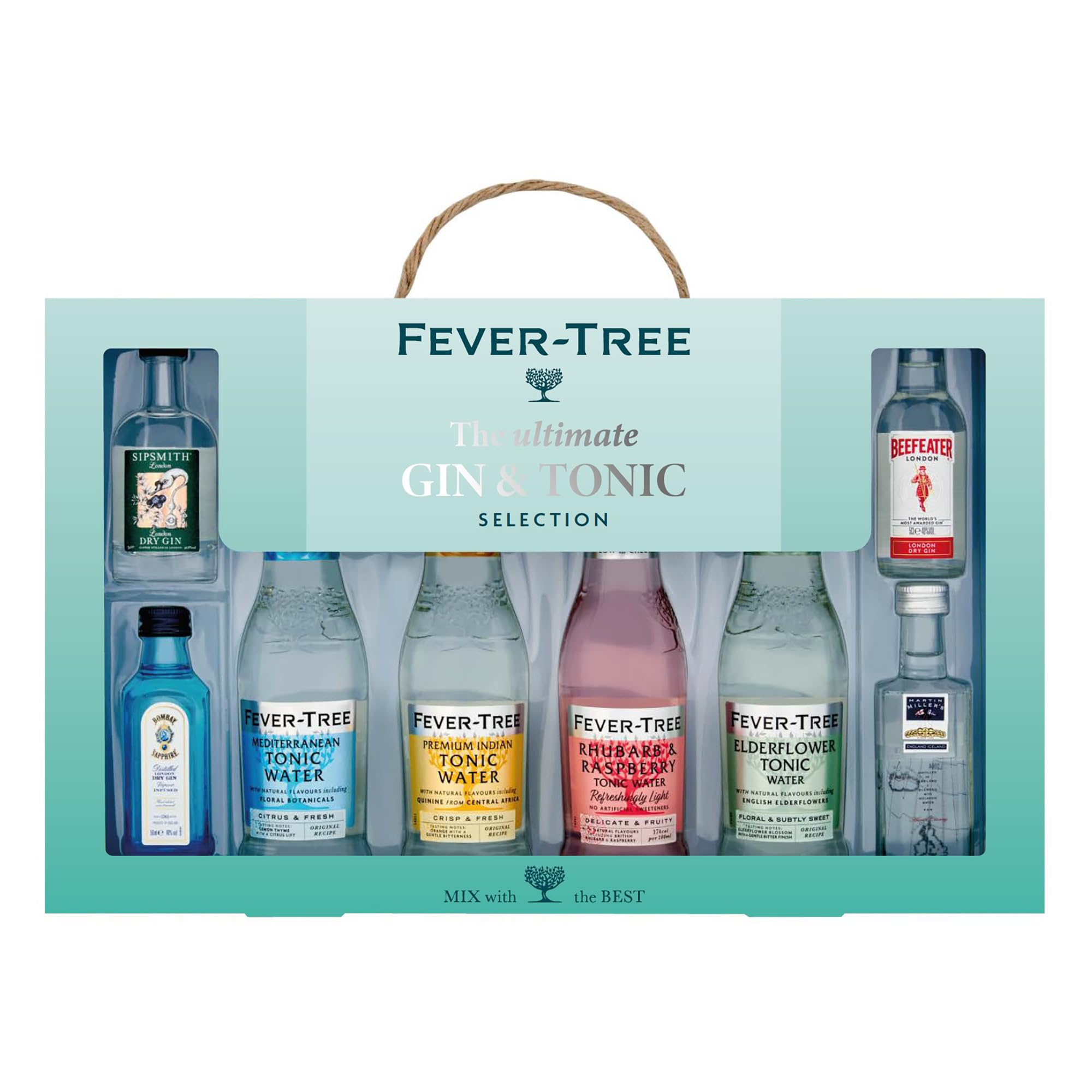 The Ultimate Gin & Tonic Gift Pack contains 4 x Fever Tree Tonic Mixers and 4 x 5cl Gins that include Sipsmith, Bombay Sapphire, Beefeater and Martin Miller. By Blue Tree Gifts.