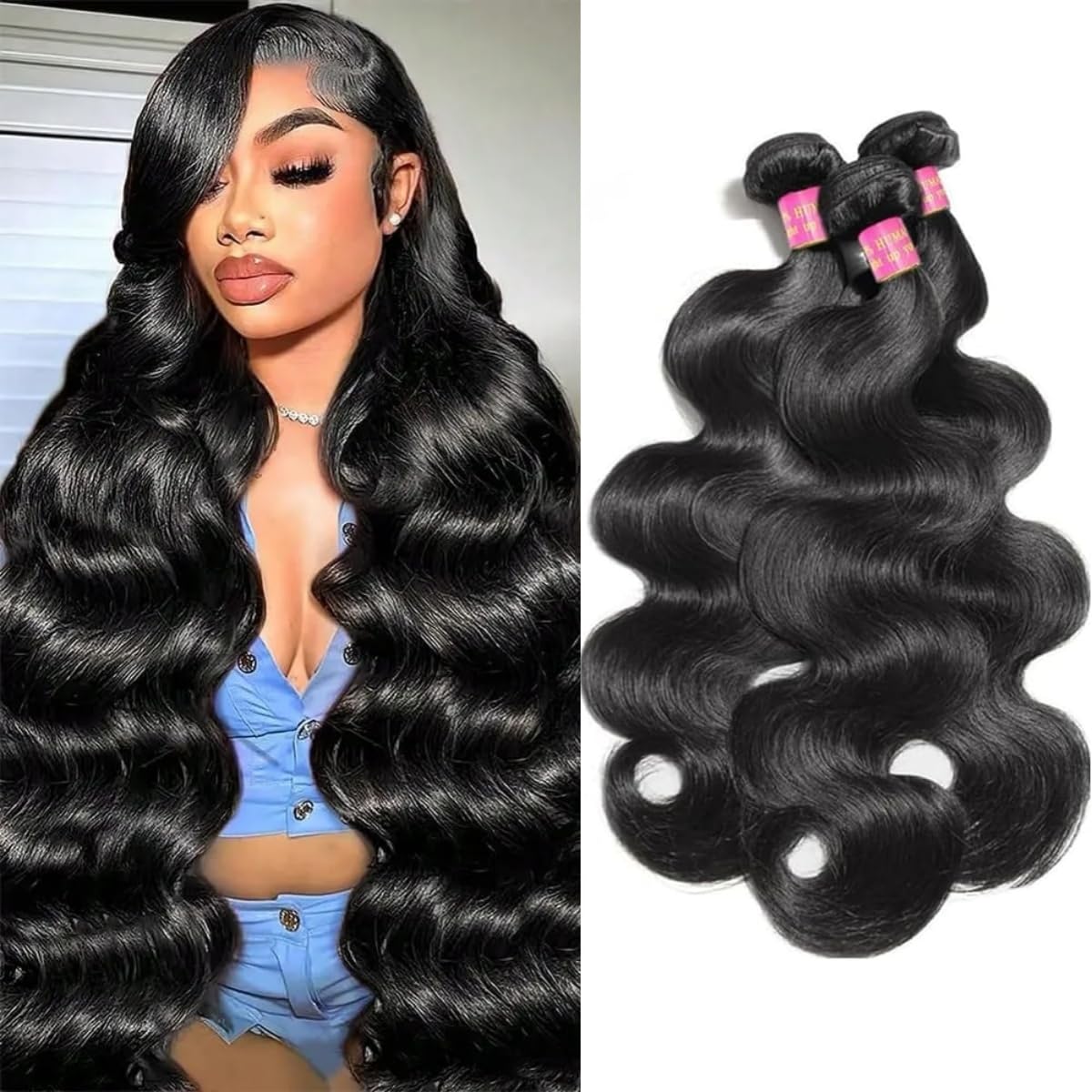 Human Hair Bundles Body Wave 3 Bundles Human Hair 100% Unprocessed 12A Brazilian Virgin Hair Bundles,Hair Extension,Can Be Dyed or Bleached,Natural Black,24 26 28 inch