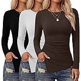 Velvelhall 3 Pack Long Sleeve Shirts for Women, Crew Neck Asymmetrical High Low Split Ruched Cute Y2K Going Out Workout Tops(Black, White, Brown,XX-Large)