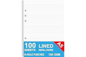 NOKINGO A5 Lined Paper, Refills for Filofax Planner, Organizer, Binders, 6 Hole Punched, 100 Sheets/200 Pages, 100gsm, White, 5.8 x 8.2 Inch