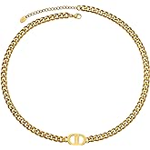TRIPOD JEWELRY Womens 18K Real Gold Plated Initial Necklace Choker with Double D Letter, 6mm 316L Stainless Steel Diamond-Cut Curb Cuban Link Chain(Custom Box and Pouch Packing for Gift)