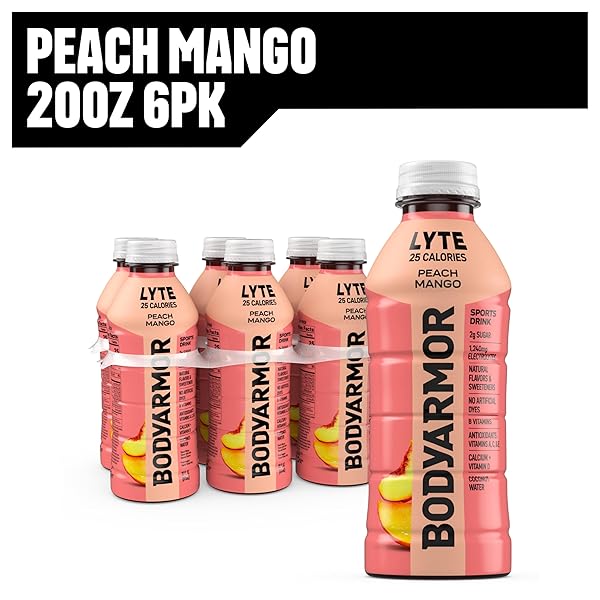 BODYARMOR LYTE, PEACH MANGO, ELECTROLYTE DRINK, 25 CALORIES, 20 FL OZ BOTTLES (6 PACK), COCONUT WATER SPORTS DRINK, NATURAL FLAVOR & B VITAMINS
