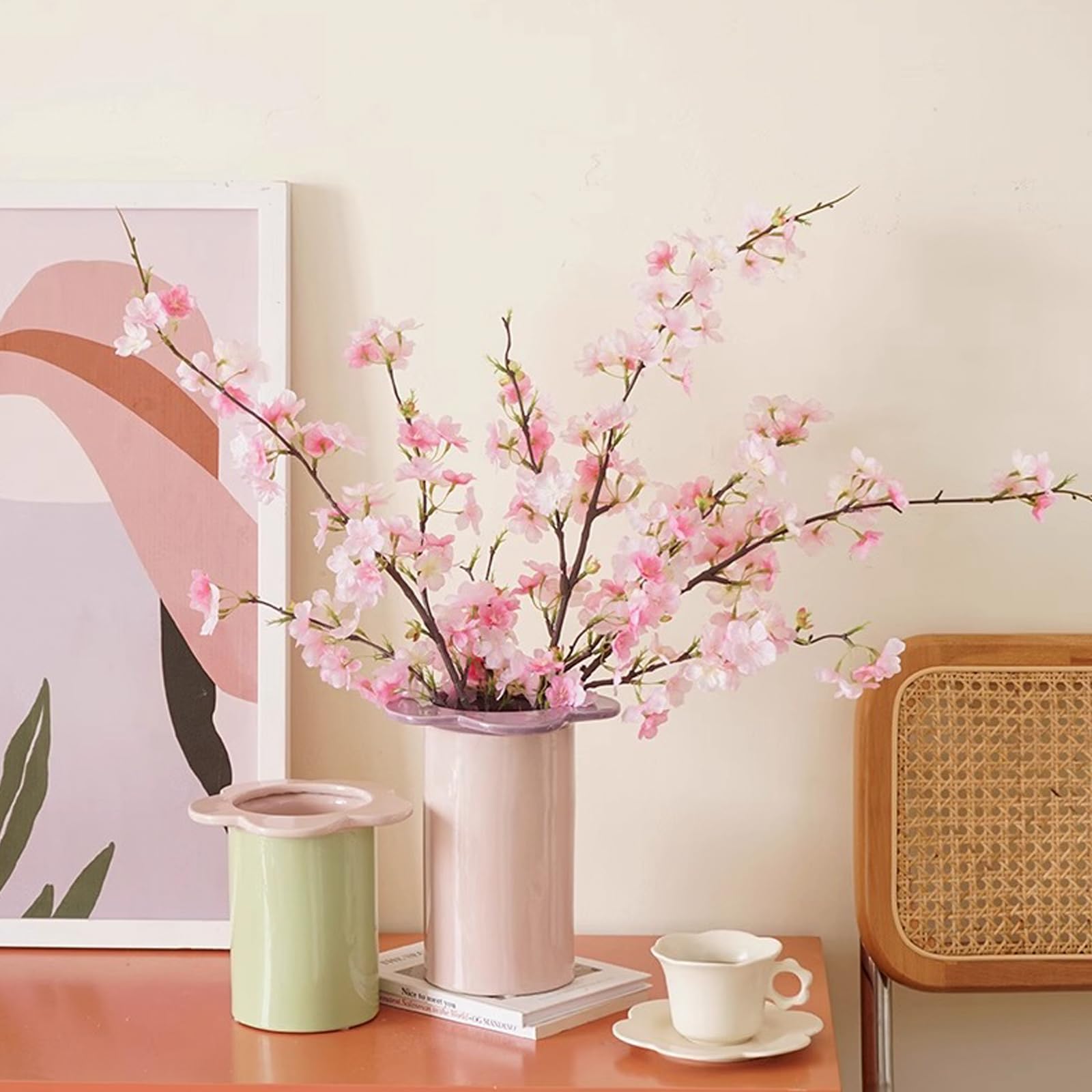 Bacucine 6PCS Artificial Cherry Blossom Branches Faux Cherry Silk Flowers Vine Tall Stems Artificial Flower for Vase Wedding Home Decor (Dark Pink) — image 1