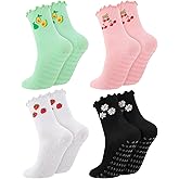 scenicamp 4 Pairs Cute Pilates Grip Socks for Women Crew Half Calf Grip Socks with Ruffle for Workout Athletic Hospital Ballet Gifts