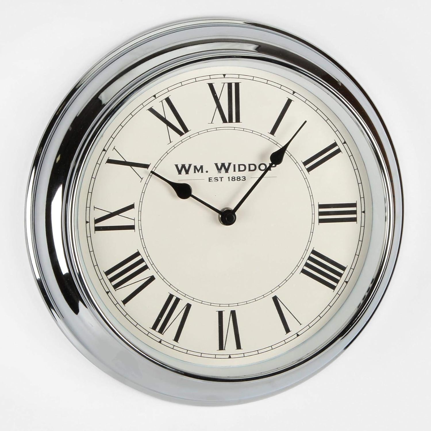 DIWW Round Metal Silver/Chrome Wall Clock Roman Numerals 29.5cm Amazon