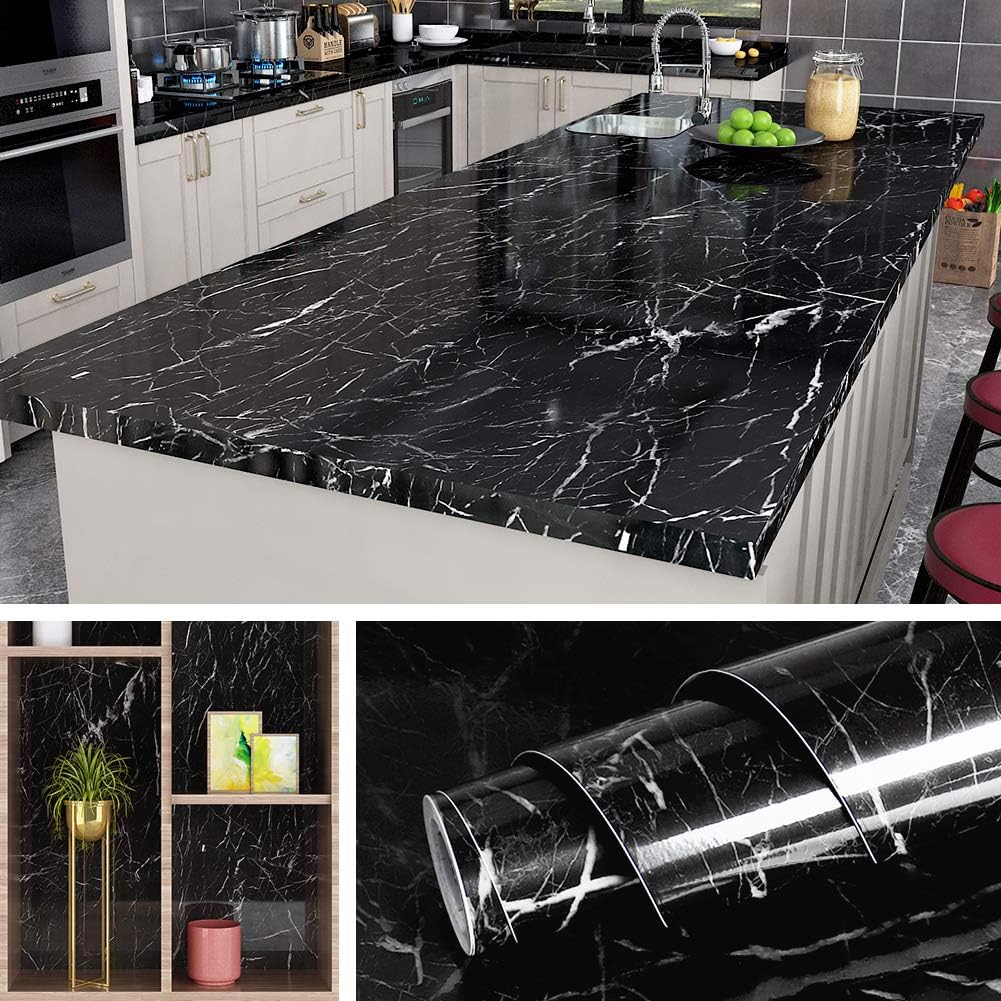 Livelynine 5M X 60 CM Wide Black Marble Wallpaper Sticky Back Plastic Kitchen Worktop Covering Contact Paper Marble Effect Self Adhesive Vinyl Wrap for Kitchen Counter Top Furniture Table Sticker