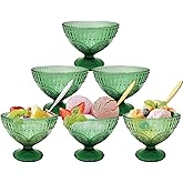 6PCs Set Small Cute Footed Embossed Glass Dessert Bowls for Dessert, Sundae, Ice Cream, Fruit, Salad, Snack, Cocktail, Condiment 7.44oz with 6 Pcs Flower Spoons