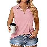 VOGRACE Plus-Size-Tank-Tops for Women Summer Collared V Neck Tunics Casual Flowy Sleeveless Polo Shirts Dressy Work Blouses