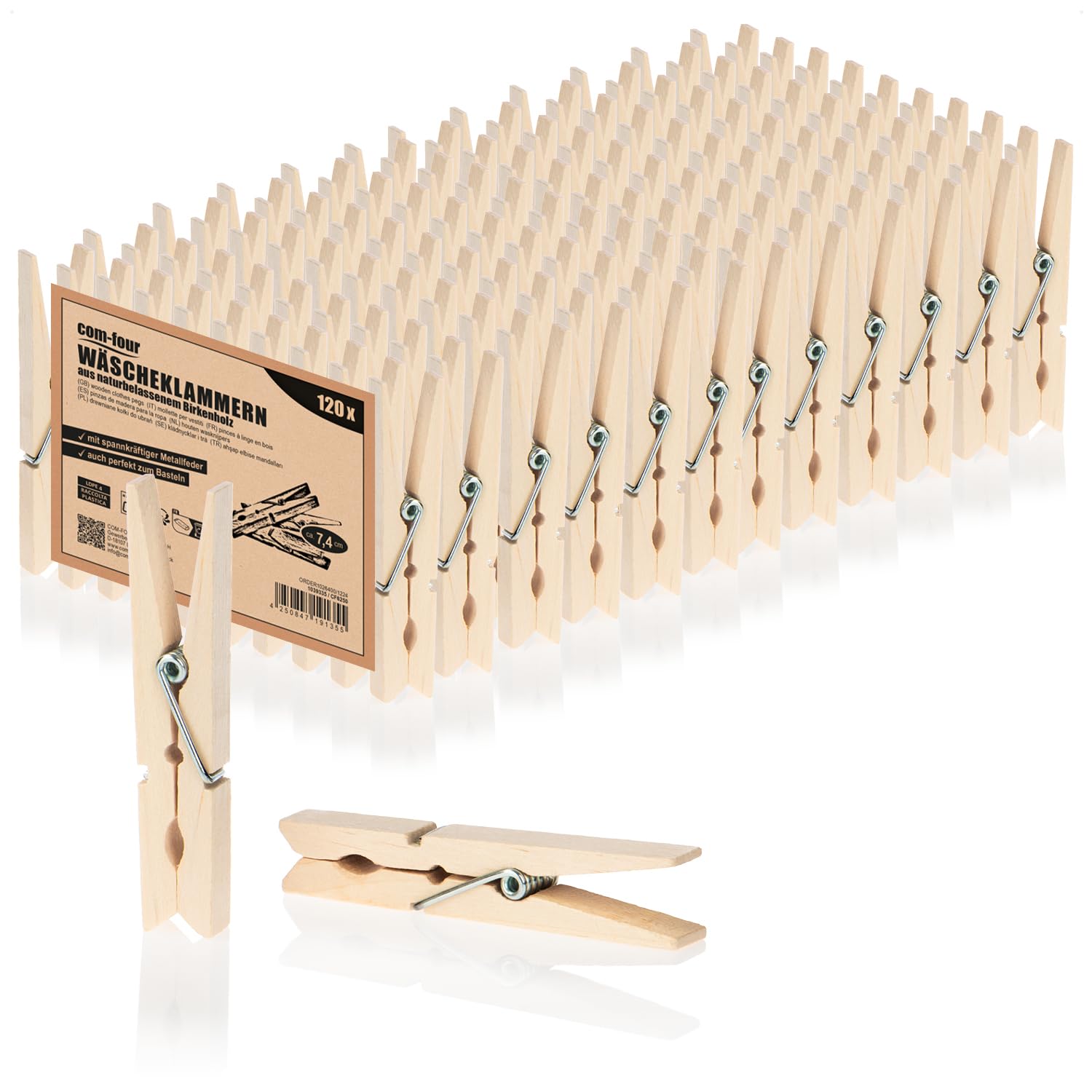 com-four® 120x wooden clothespins - sustainable wooden pegs made of birch wood - untreated wooden clothespins for hanging clothes and handicrafts (120 pieces - birch)