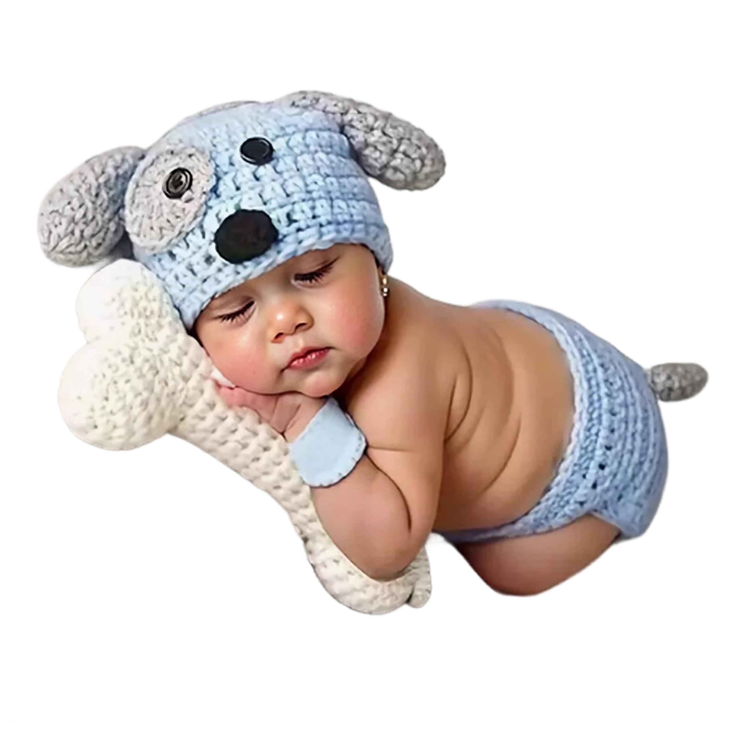Photo 1 of Jastore Baby Photography Props Newborn Boy Girl Photo Shoot Outfits Crochet Knitted Costume Infant Hat Sets(Blue Dog)
