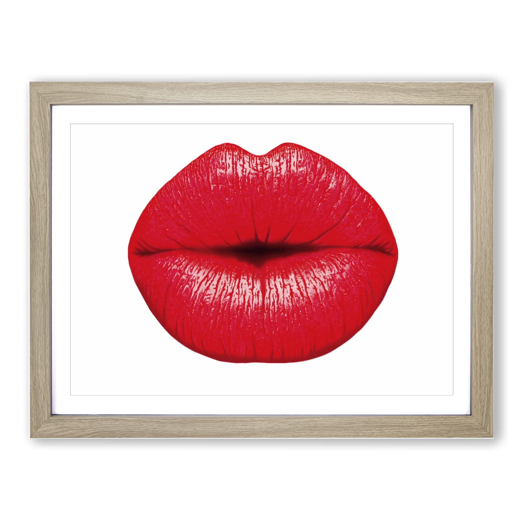 Red Lips Kiss Modern Framed Wall Art Print, Ready to Hang Picture for Living Room Bedroom Home Office Décor, Oak A4 (34 x 25 cm)