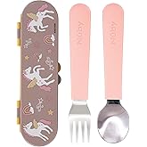 Nuby Stainless Steel Toddler Utensils with Travel Case - Self-Feeding Fork & Spoon Set for Kids - Easy-to-Hold Training Utensils - Rounded Safe Edges for Self-Feeding - Unicorns