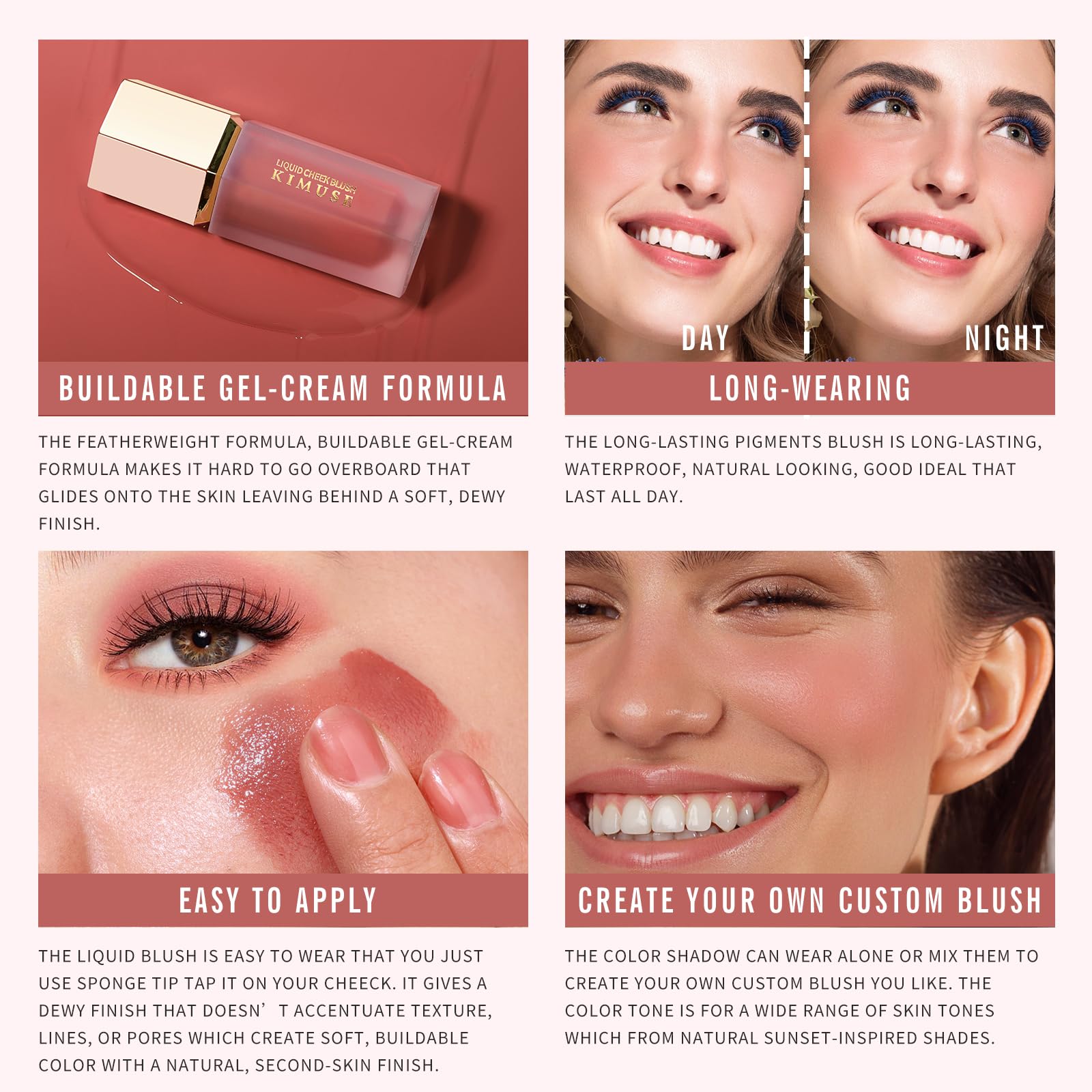 KIMUSE Liquid Blush, Soft Cream Blush Face Blush, Liquid Blush for Cheeks, Long-Wearing Pigmented Blush, Waterproof, Smudge Proof, Dewy Finish