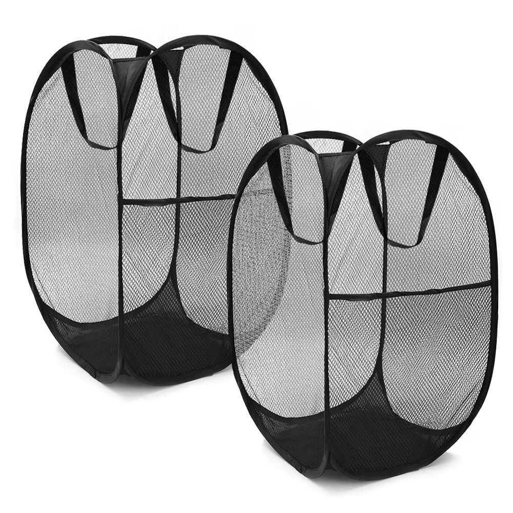 Laundry Baskets,2 Pack Black Laundry Hampers,Large Capacity Pop-Up Laundry Hamper,Foldable Mesh Washing Basket with Handles for Storage Clothes Toys in Bedroom, Bathroom