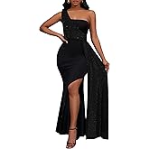 VERWIN Patchwork Sequins Bodycon Dress One Shoulder Sleeveless Dress Split Evening Glitter Cocktail Maxi Dress