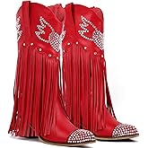 Yolkomo Cowboy Boots for Women Red Cowgirl Boots with Fringe Rhinestone Hearts, Mid Calf High, Pointed Toe