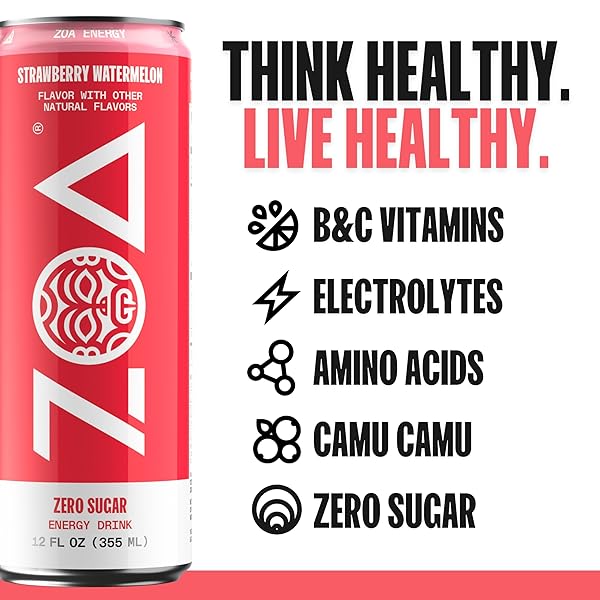 ZOA ZERO SUGAR ENERGY DRINKS – STRAWBERRY WATERMELON | HEALTHY ENERGY FORMULA WITH NATURAL CAFFEINE, DAILY VITAMIN C, ESSENTIAL B-VITAMINS | GLUTEN-FREE, KETO FRIENDLY | 12 OUNCE CANS (PACK OF 12)
