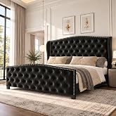 LARMACE Queen Size Bed Frame Velvet Upholstered Platform Bed with Wingback Headboard &amp; Footbaord, Deep Button Tufted Bed Frame with Wood Slats Support, No Box Spring Needed, Black
