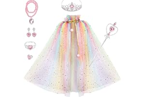 Fedio Princess Cape Set 7 Pieces Girls Princess Cloak with Tiara Crown, Wand for Little Girls Dress up (Rainbow)