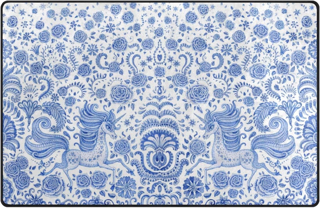 MOBEITI Non Slip Area Rugs didian Abstract Seamless Border Blue Watercolor Unicorn Floor Mat Living Room Bedroom Dinning Kitchen Carpets Doormats